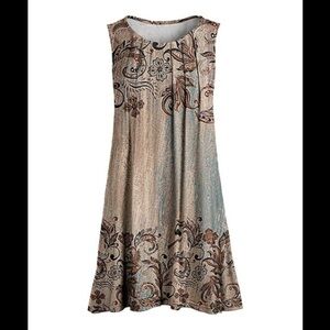 Brown & Beige‎ Floral Pleated Sleeveless Tunic